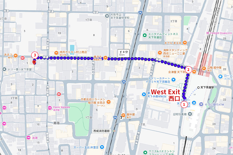天下茶屋駅から施設までの徒歩ルート全体図