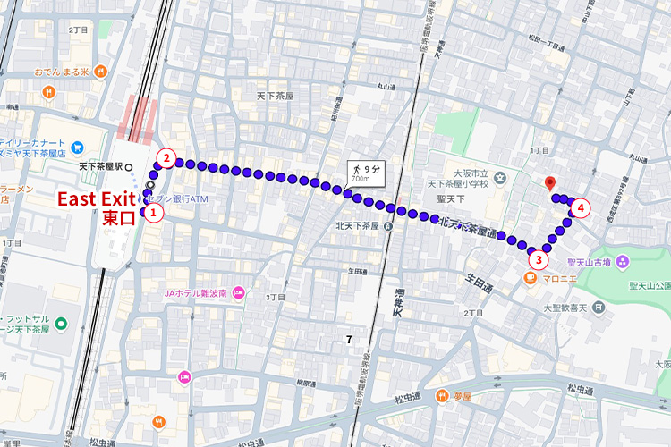 天下茶屋駅から施設までの徒歩ルート全体図