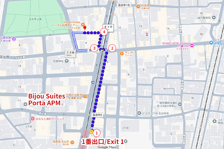 天下茶屋駅から施設までの徒歩ルート全体図