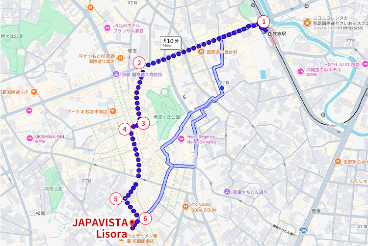 牧志駅から施設までの徒歩ルート全体図